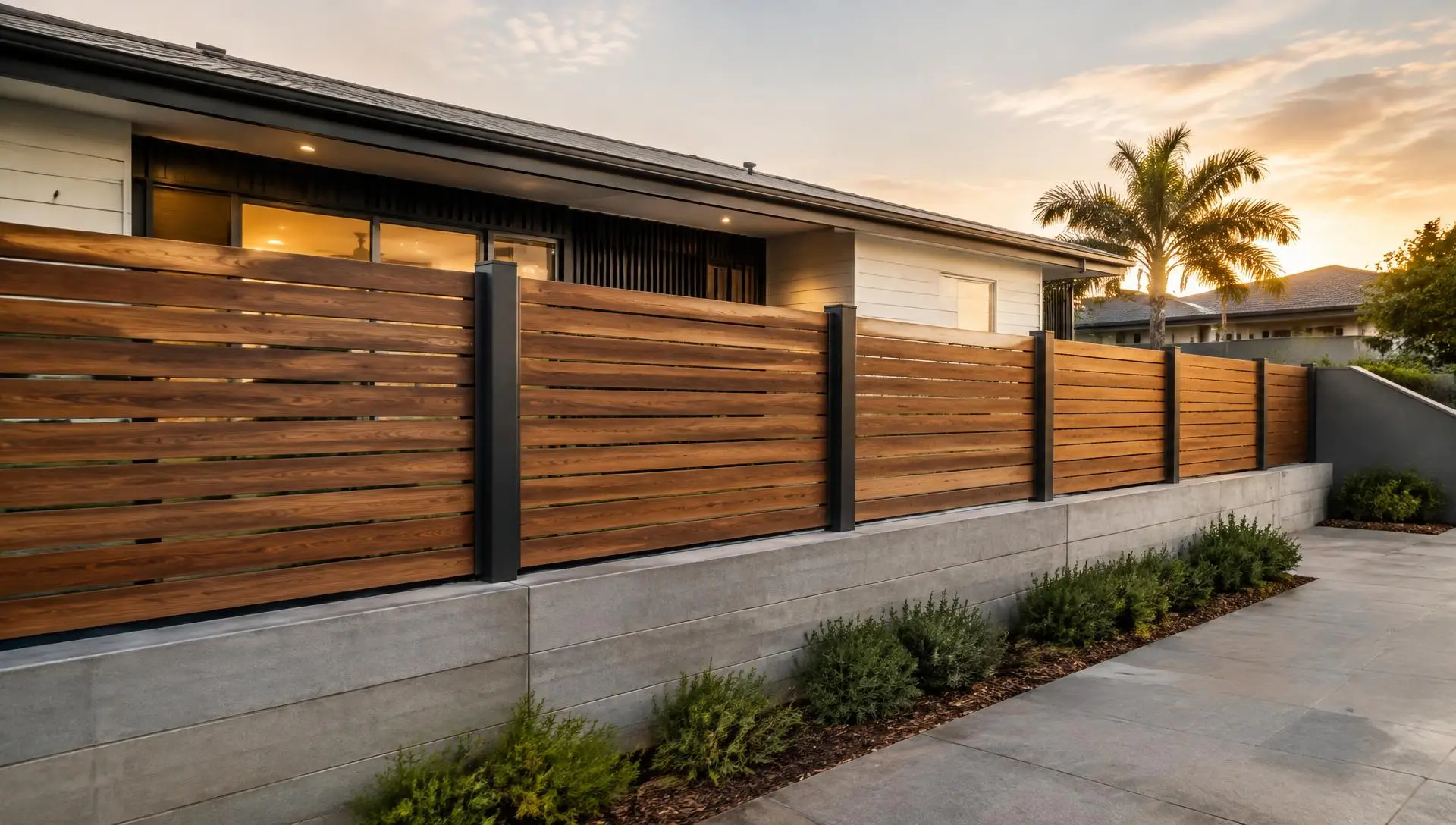 Horizontal timber slat fence on a concrete retaining wall beside stone paving (indicative image)